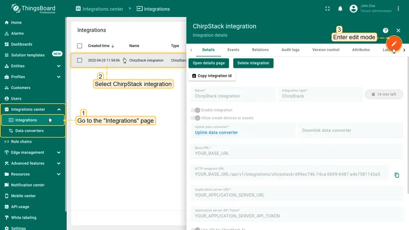Go to the "**Integrations**" page in the "**Integration center**" section. Click on your ChirpStack integration to open its details window. Enter edit mode by clicking the orange pencil button in the top-right corner.