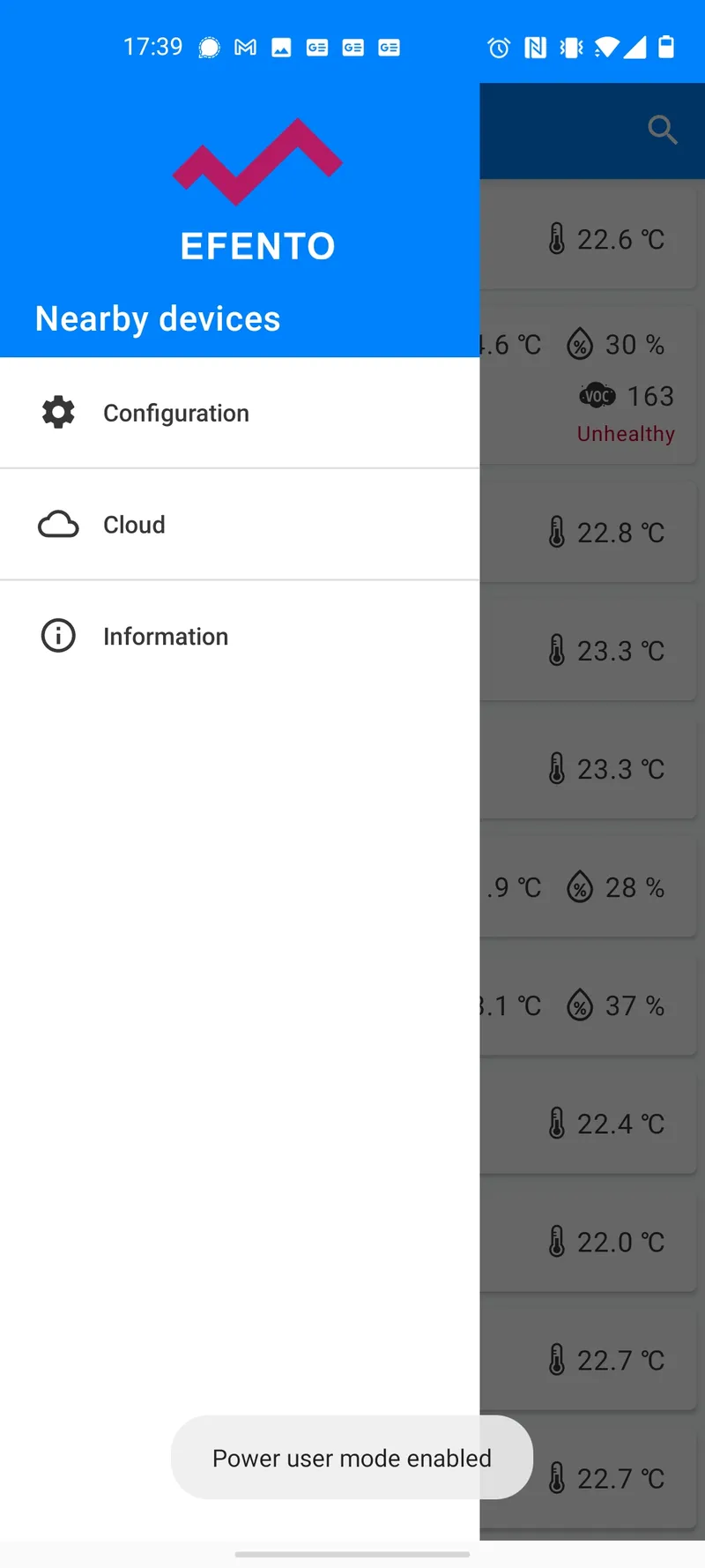 Once you download and install the application select “Nearby sensors” mode and unlock the power user mode: open the application menu and quickly tap Efento logo five times.