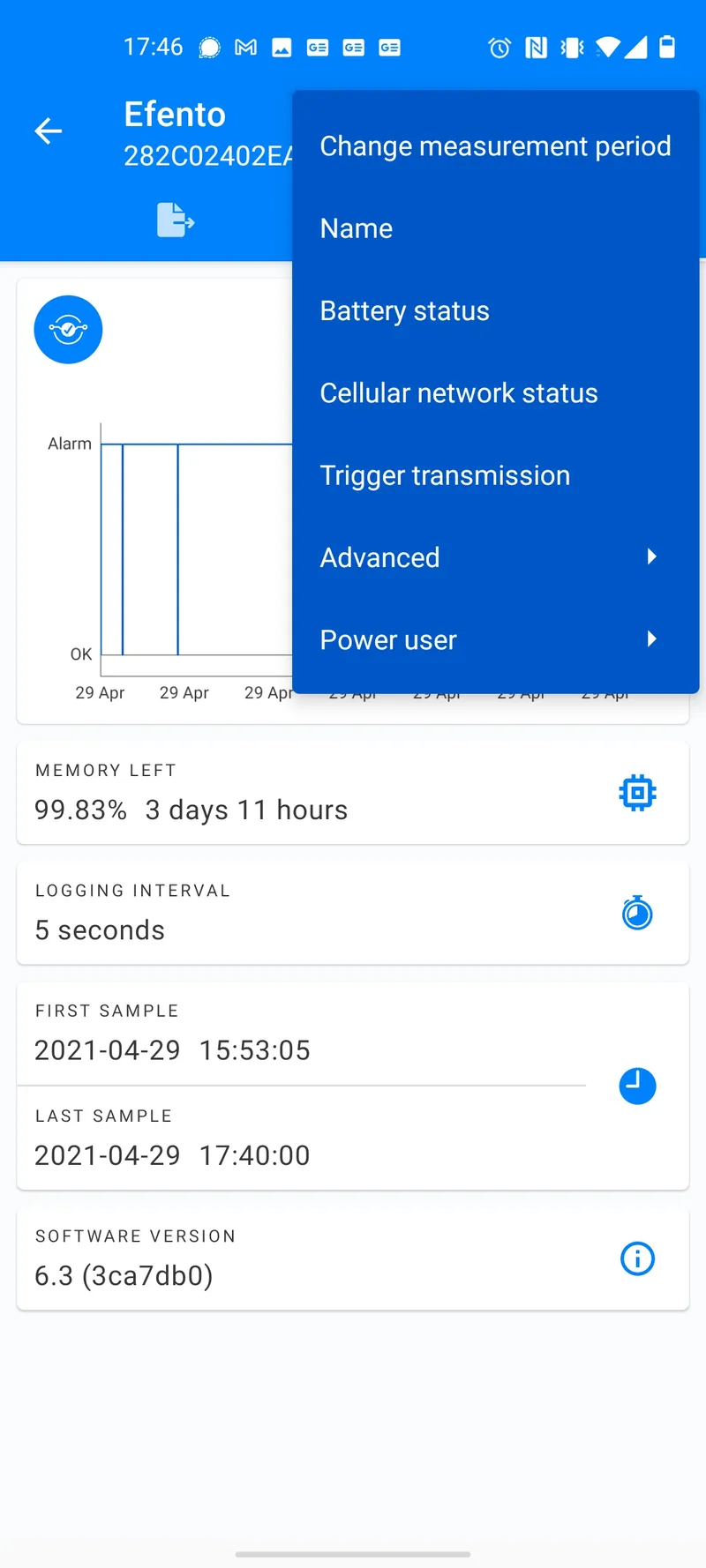 Make sure the APN you use allow the device to connect to the server on which your ThingsBoard instance is running. You can check the network status in the Efento mobile application. Connect to the sensor -> click on the menu (three dots in the upper right corner)