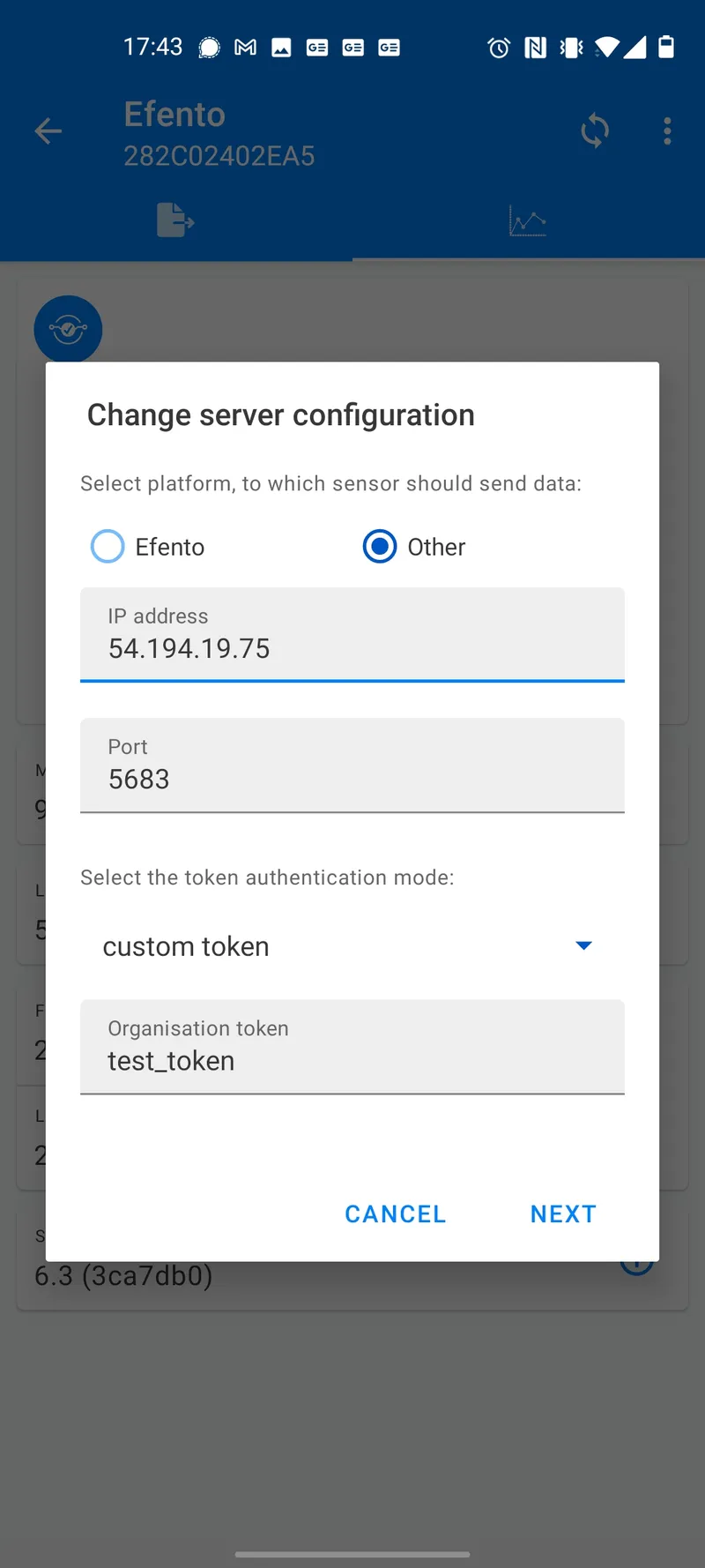 Click on Power user -> Server configuration. Select “Other” and fill in the address of the server (YOUR_TB_COAP_HOST). Default port used for CoAP communication is 5683. Set authentication mode to “custom token” and key in the token you created for the device on ThingsBoard platform.