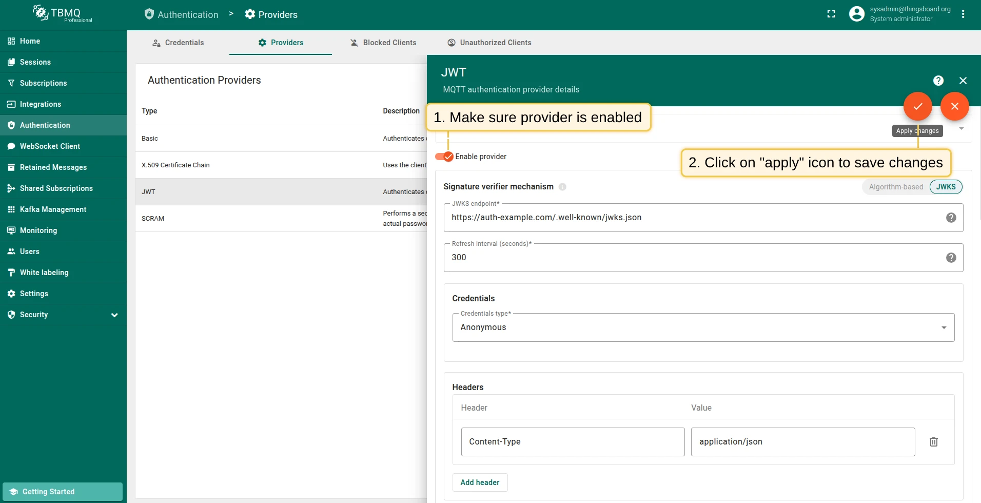 Enable and save the JWT authentication provider