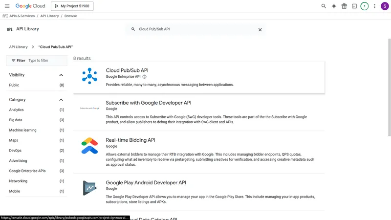 GCP APIs & Services Library — search results showing Cloud Pub/Sub API