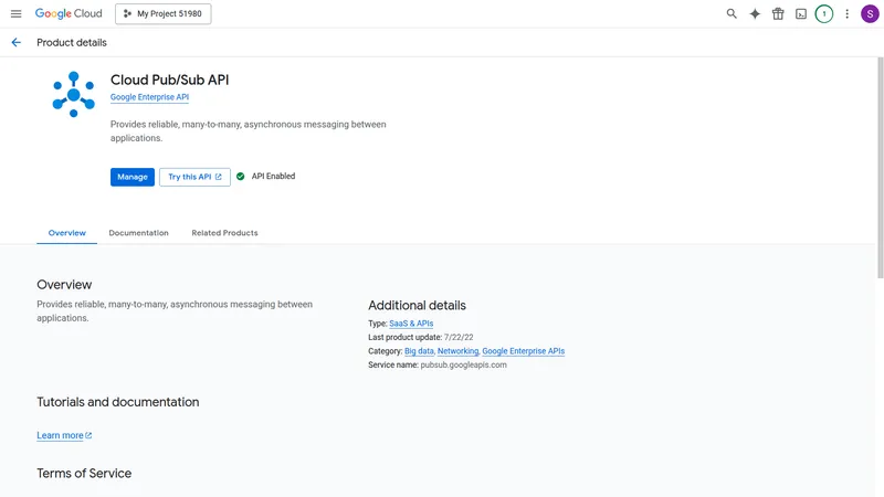 Cloud Pub/Sub API page with Enable button