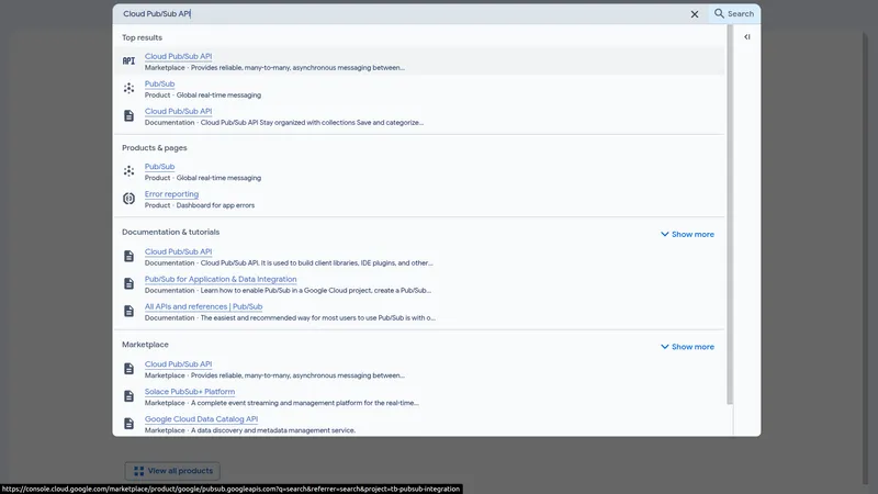 GCP search results showing Cloud Pub/Sub API under Top results