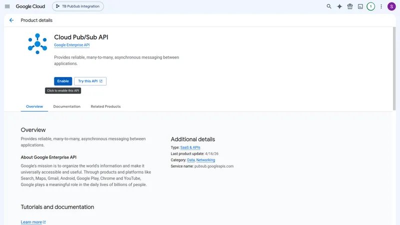 Cloud Pub/Sub API product details page with Enable button