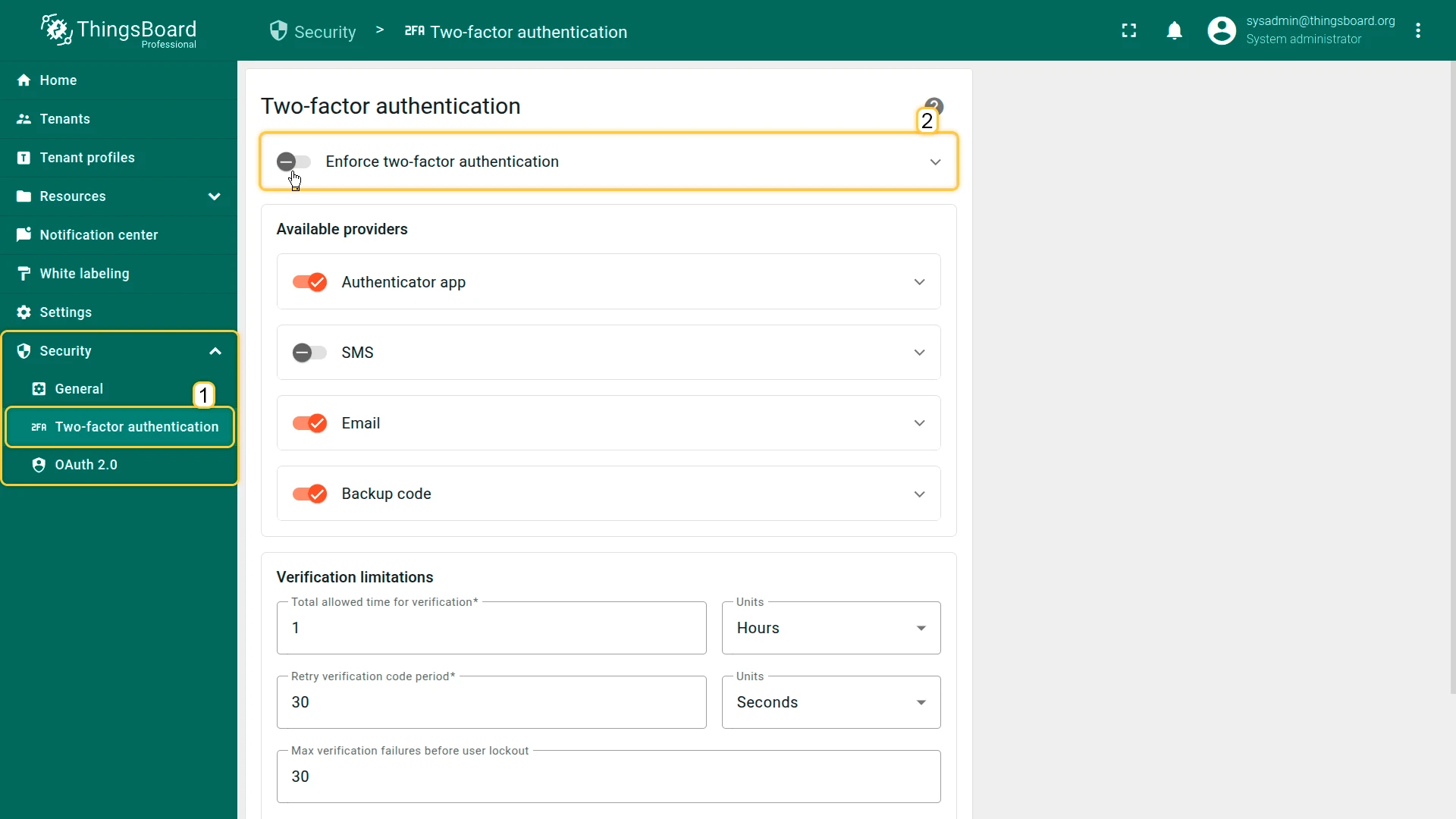 Enforce two-factor authentication section