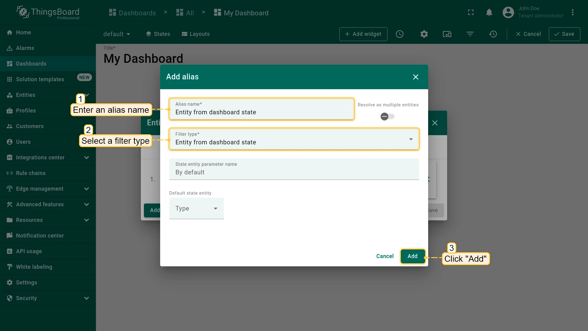 Dashboard state alias