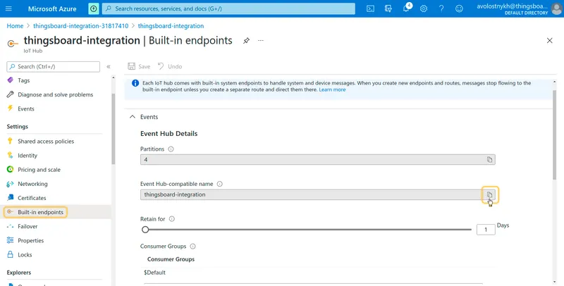 IoT Hub Built-in endpoints page showing the Event Hub-compatible name field with value thingsboard-integration