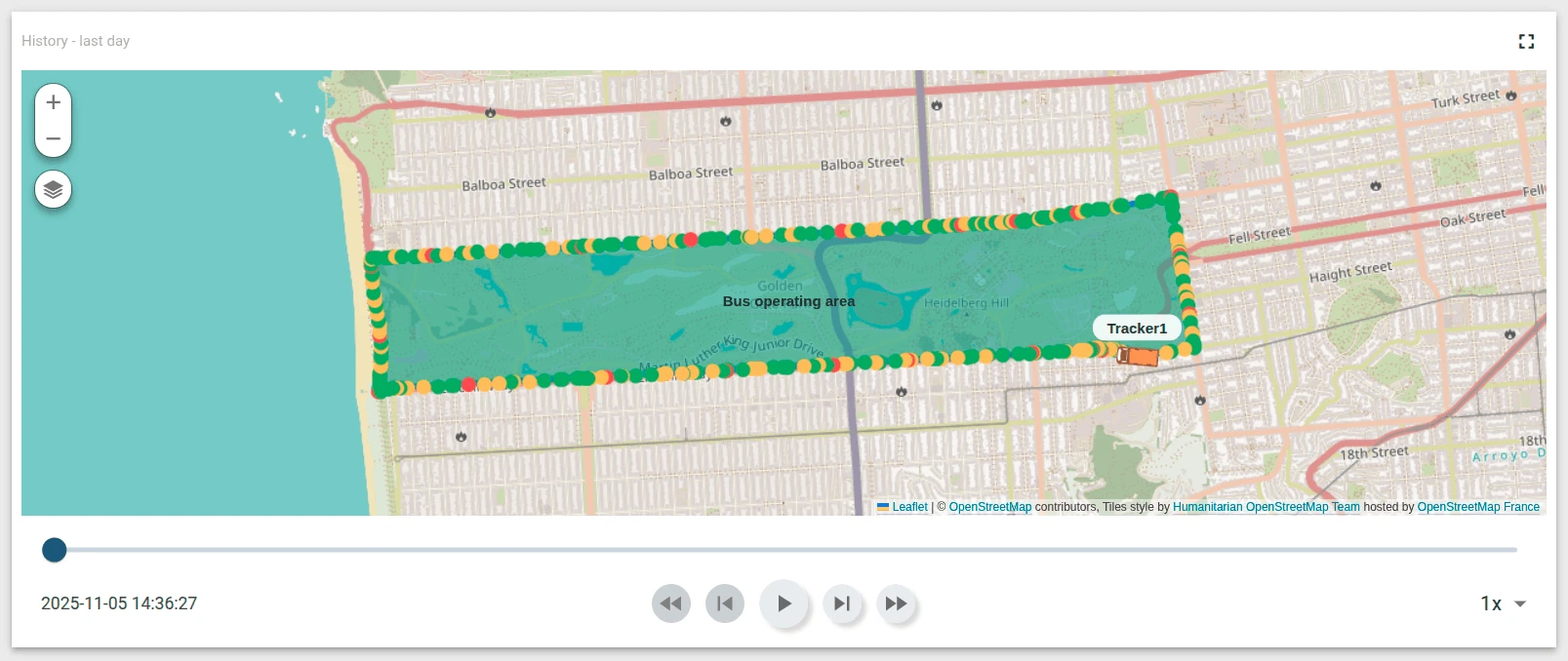 Bus tracking with polygon area and color-coded points