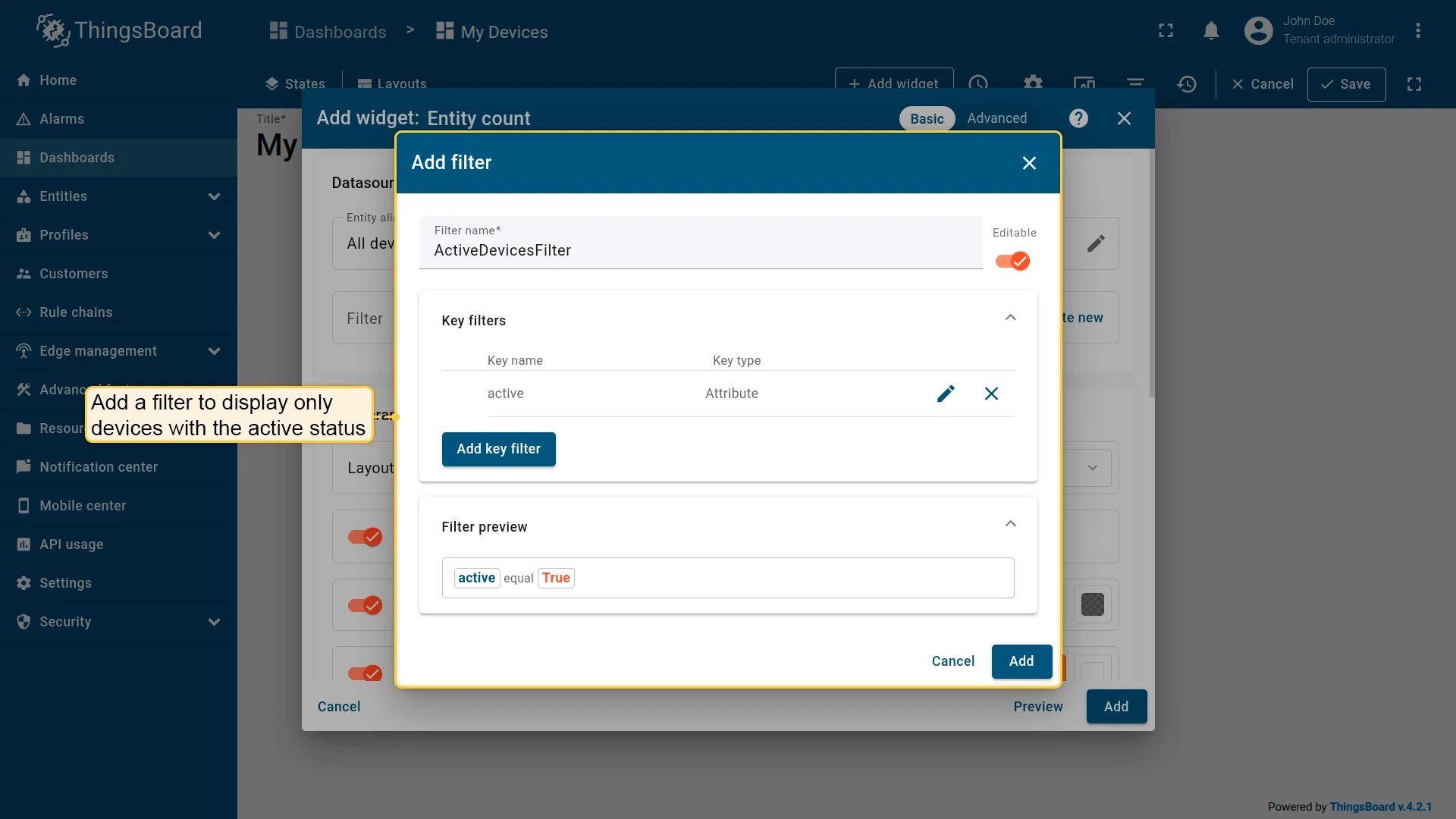 Key filter configured to count only devices with active = true