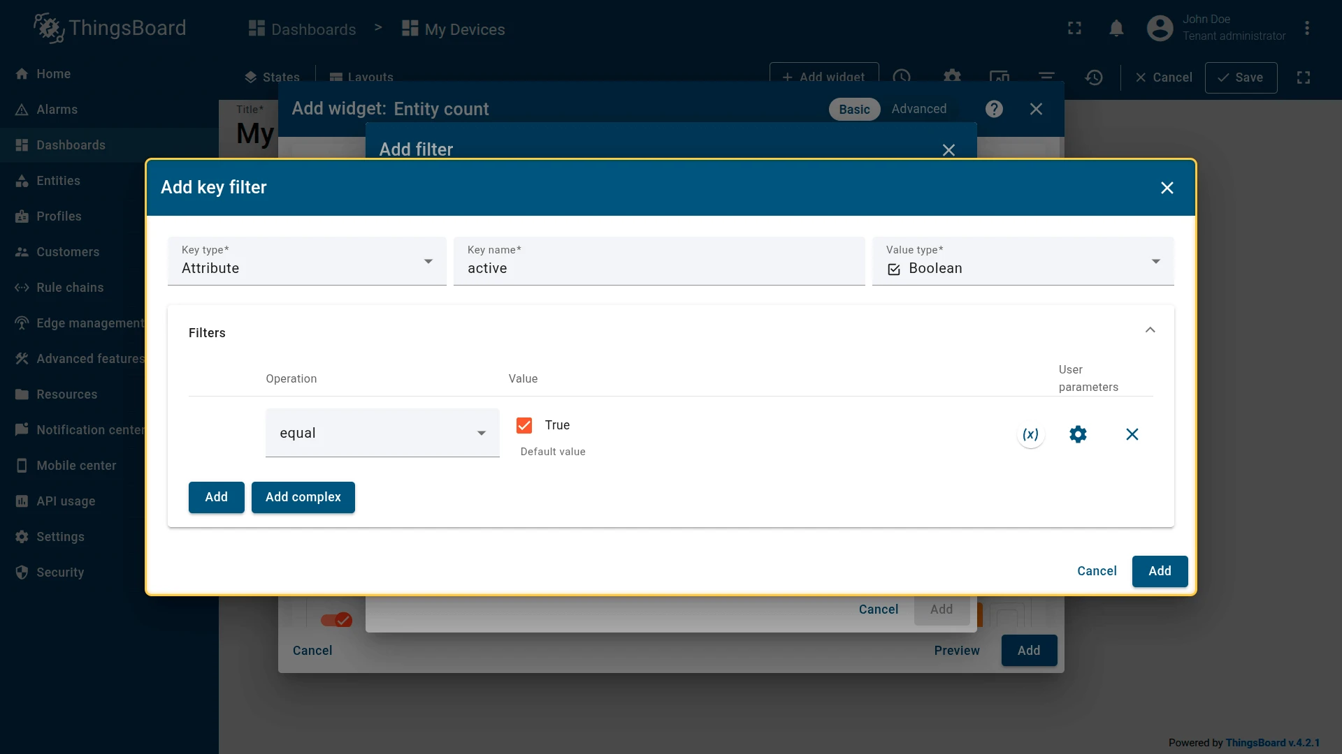 Appearance configured with label Active devices and chevron enabled