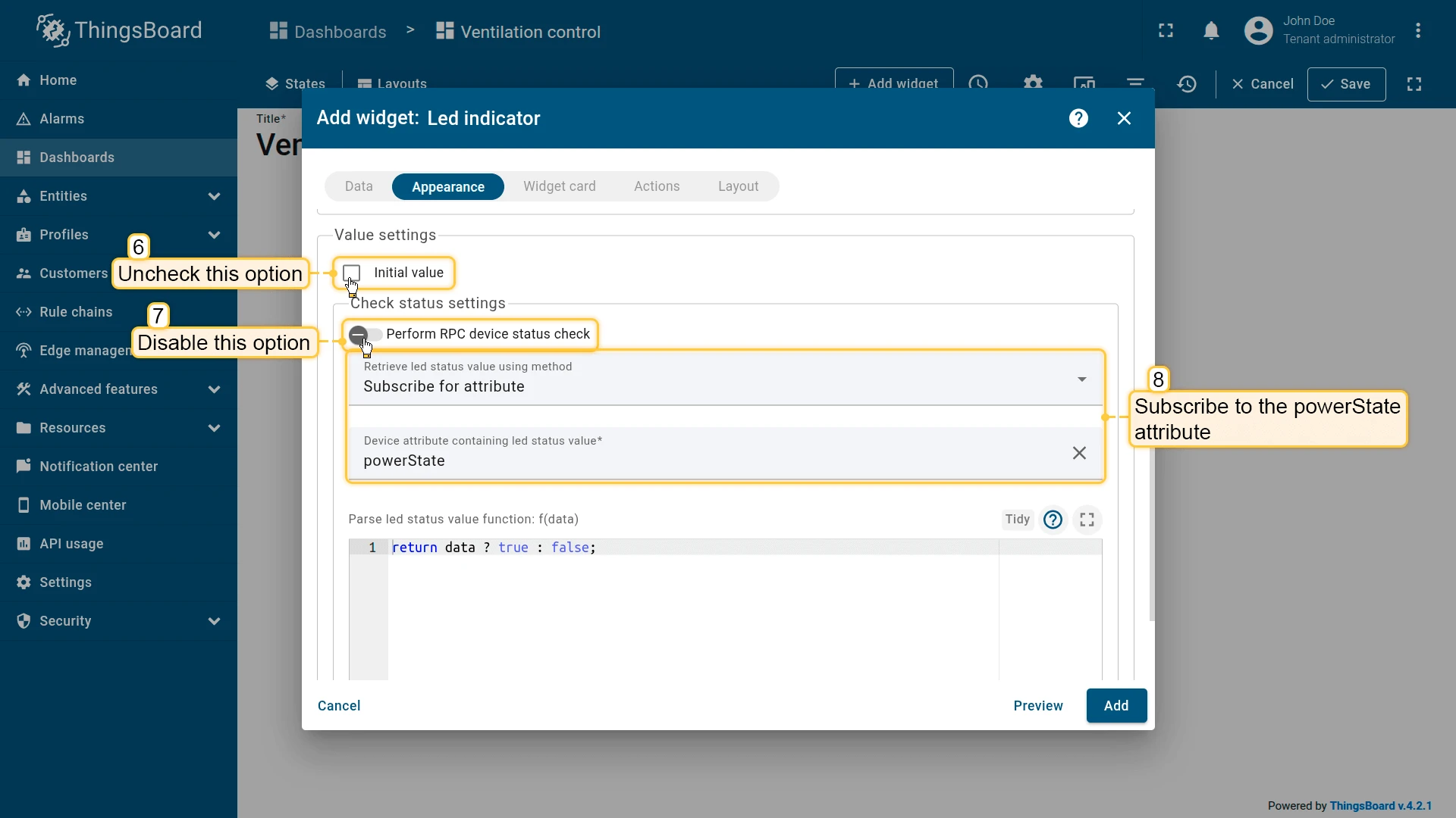 Value settings configured to subscribe to powerState shared attribute