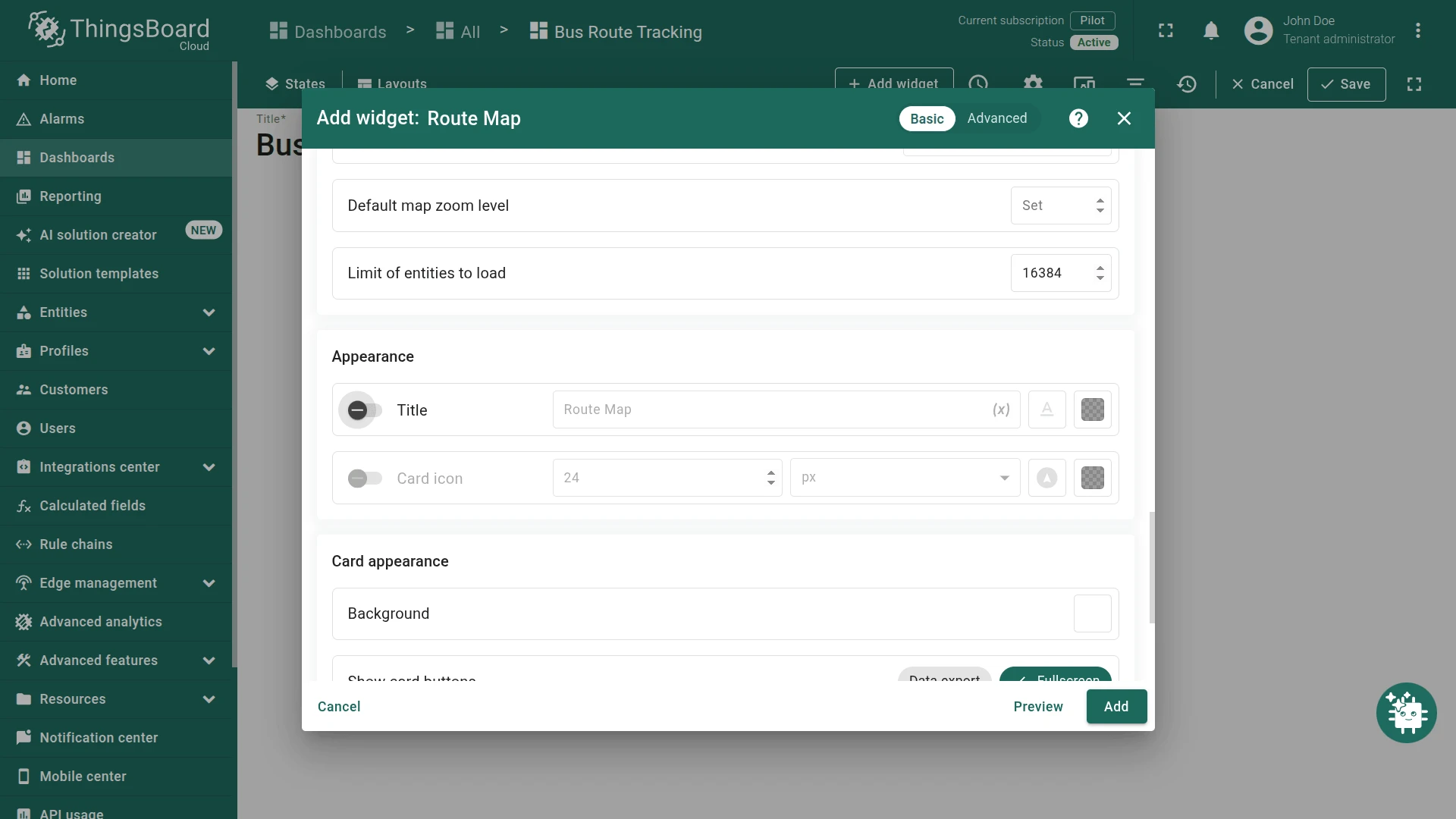 Route Map widget configuration dialog in ThingsBoard