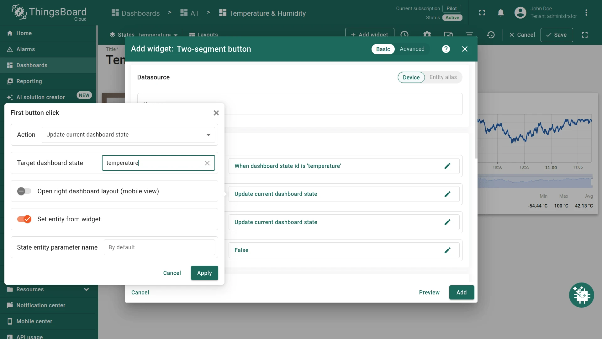 First button click: Update current dashboard state to temperature