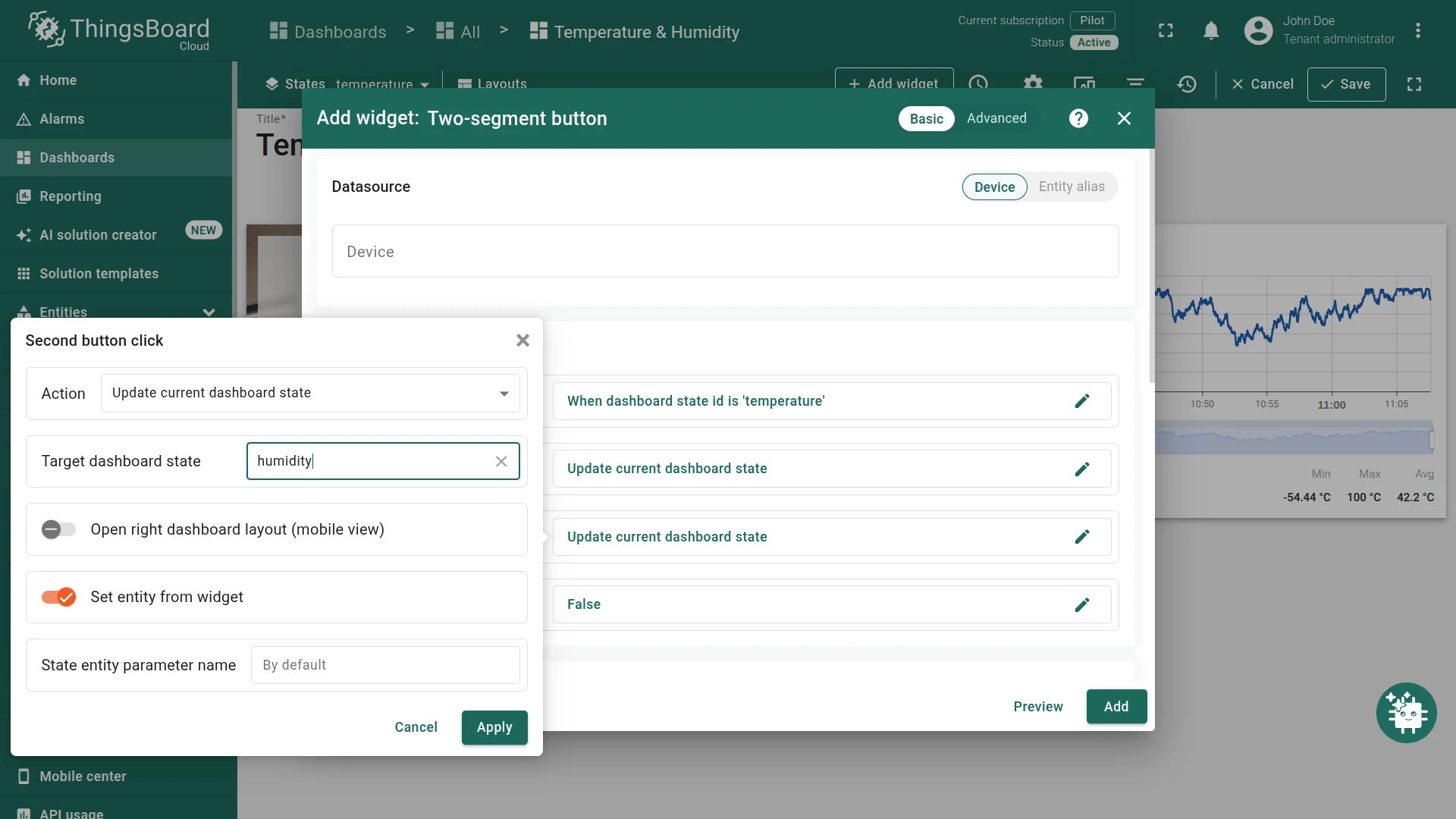 Second button click: Update current dashboard state to humidity