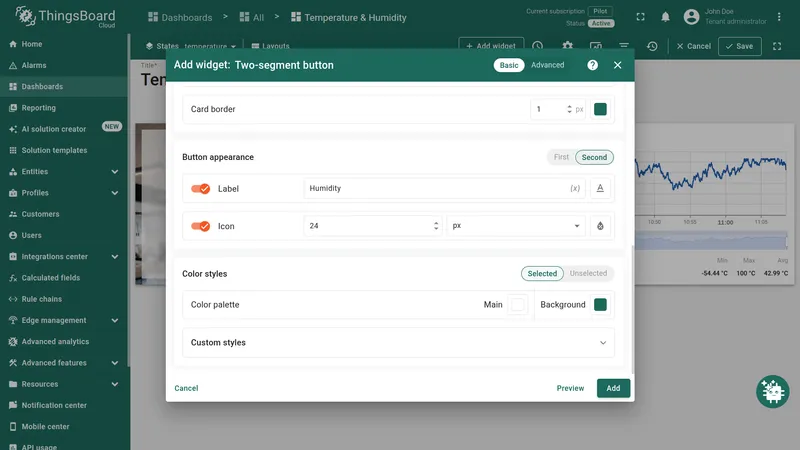 Button appearance Second tab — label Humidity, drop icon