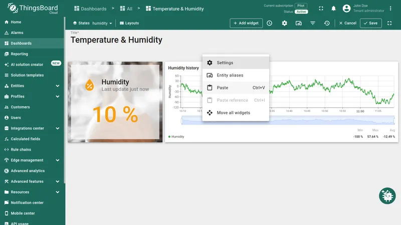 Paste context menu on the Humidity state canvas