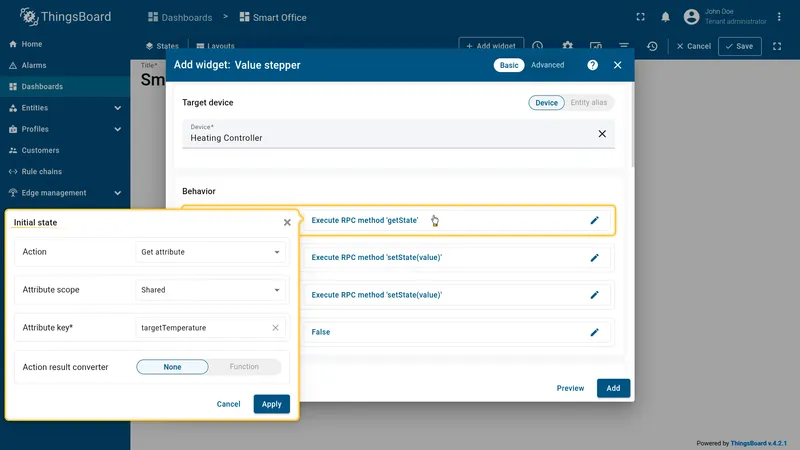Left button click configured — Execute RPC setTargetTemperature