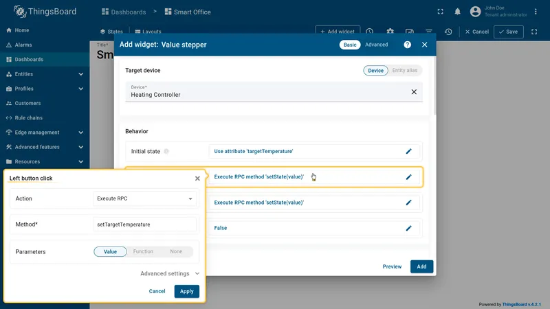 Right button click configured — Execute RPC setTargetTemperature