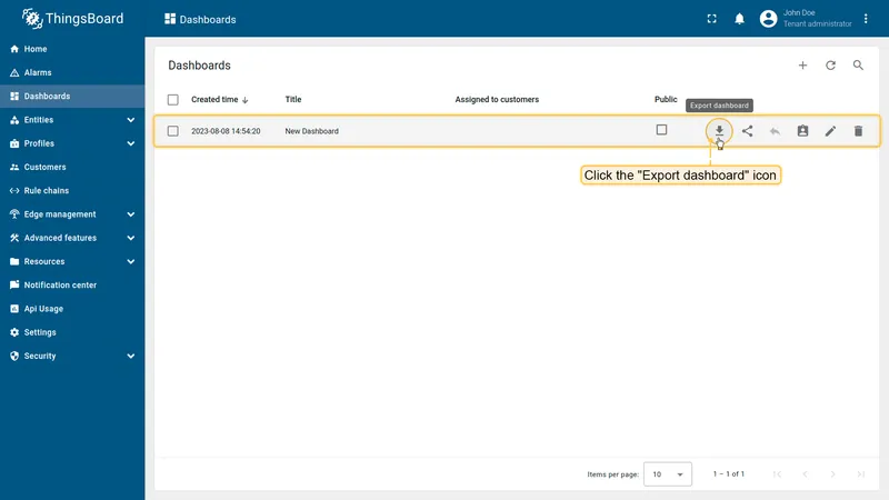 Export dashboard JSON from dashboards list