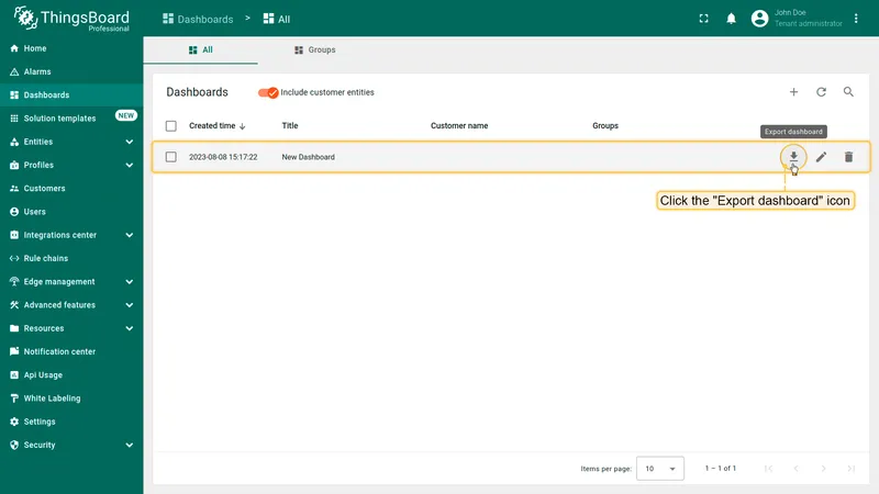 Export dashboard JSON from dashboards list