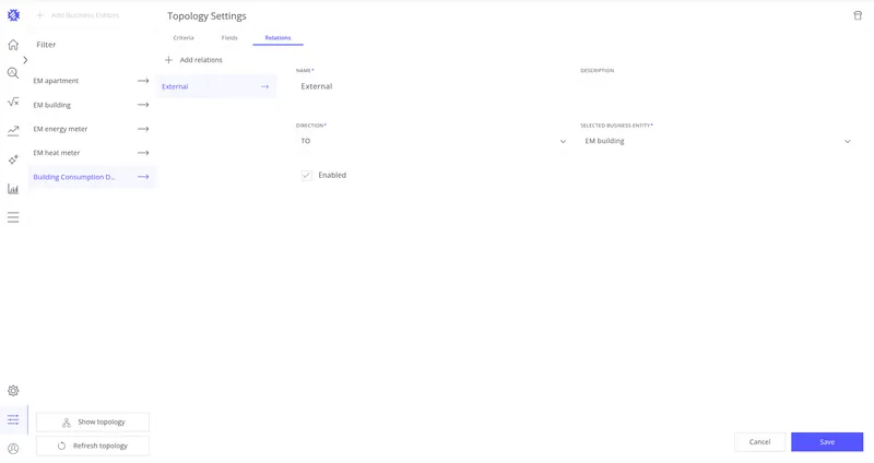Configure the relation name, direction, target business entity, and enable it