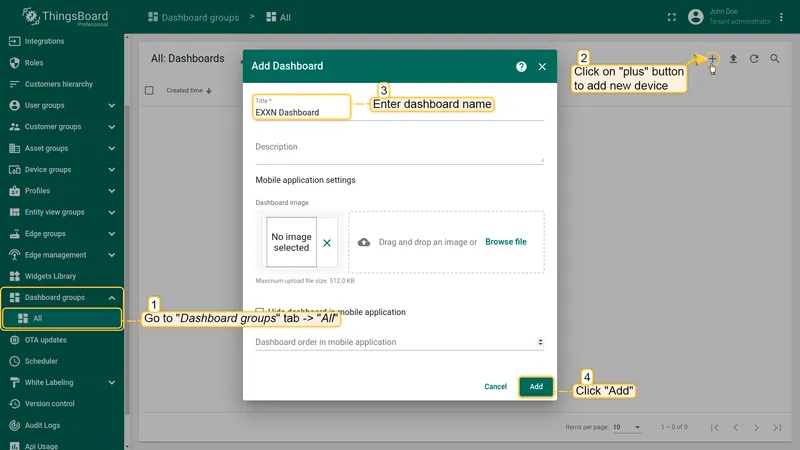Go to the <b>Dashboards</b>. Creat new dashboard by clicking the "plus" button in the upper right corner of the dashboards page. Enter dashboard name and click on "<b>Add</b>" button.