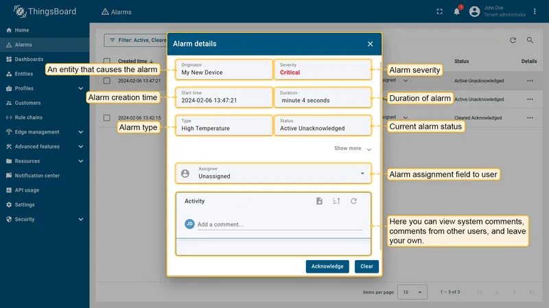 Alarm details dialog