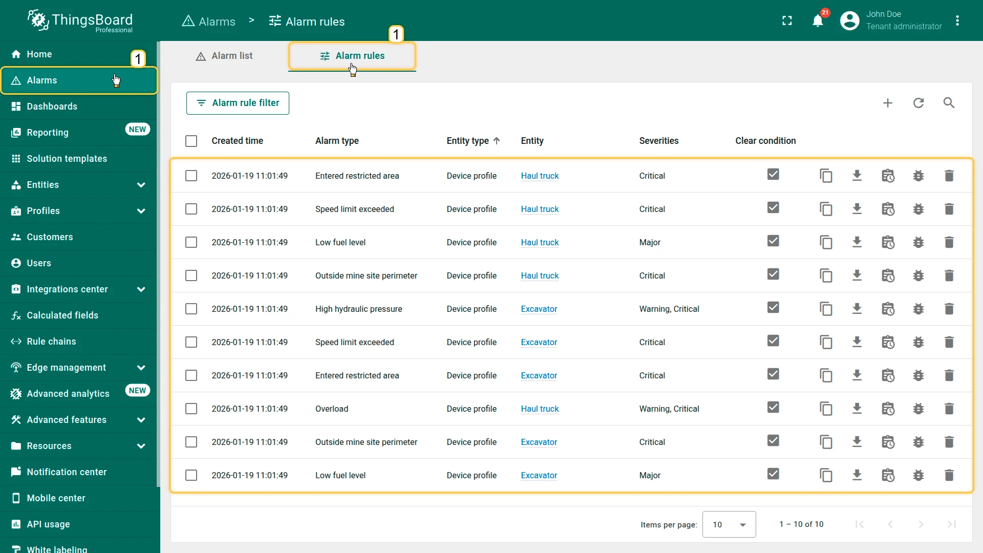 Alarm rules configured in the Excavator and Haul truck device profiles