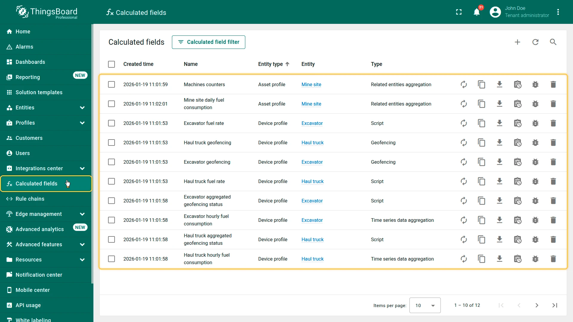 Calculated fields configured in device profiles