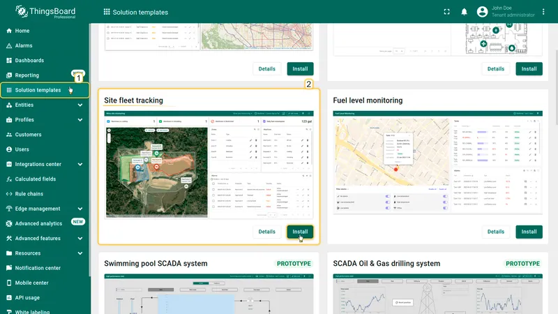 Solution templates page with Site fleet tracking