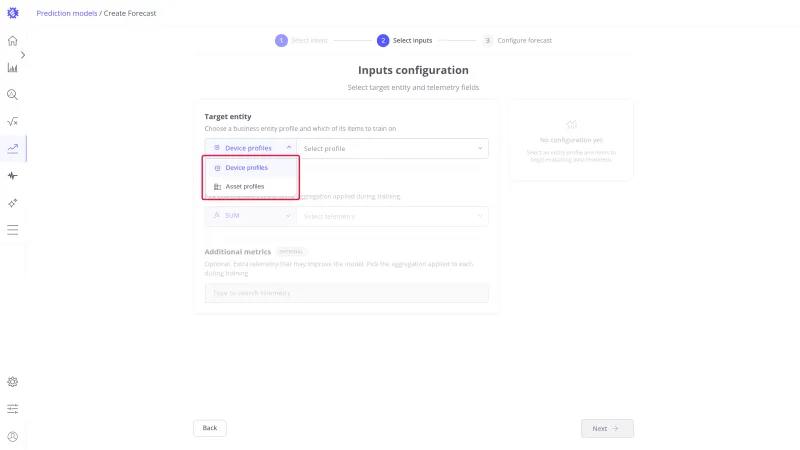 Inputs configuration step with the entity type dropdown open showing Device profiles and Asset profiles