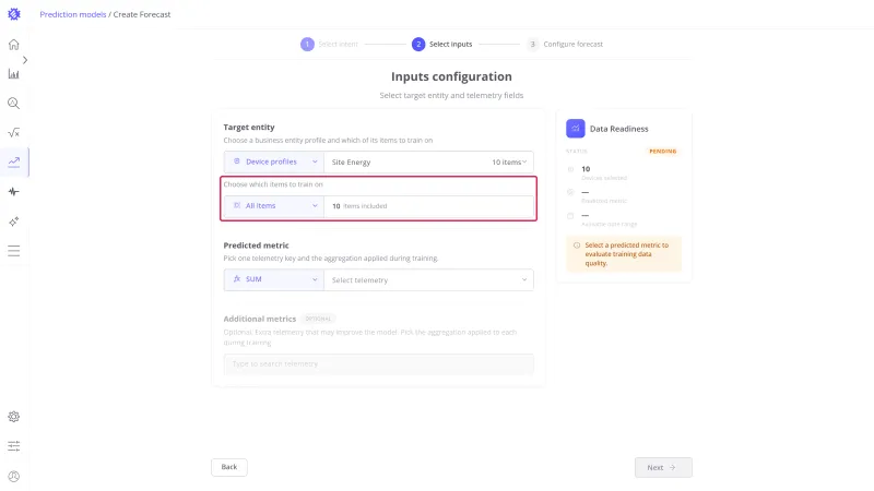 Inputs configuration step with All items selected and ten items included