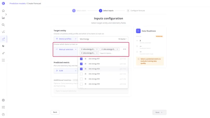 Inputs configuration step with Manual selection and three devices picked as chips