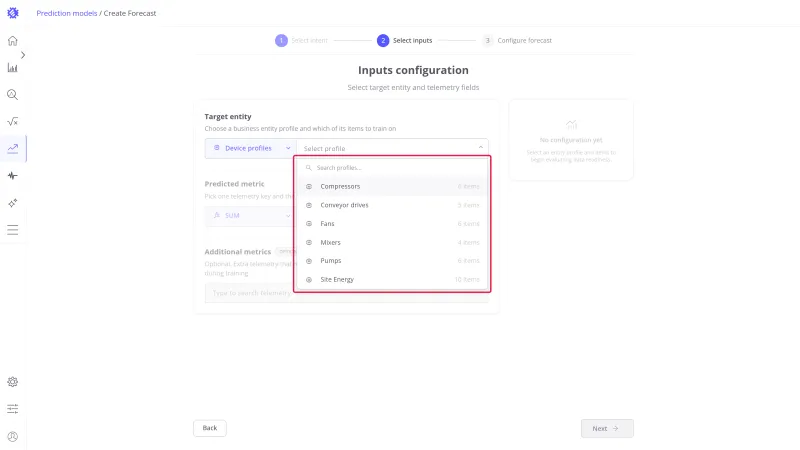 Inputs configuration step with the profile dropdown open listing every profile and its item count