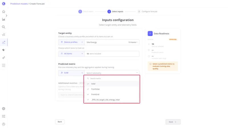 Telemetry key dropdown open listing the numeric keys of the profile