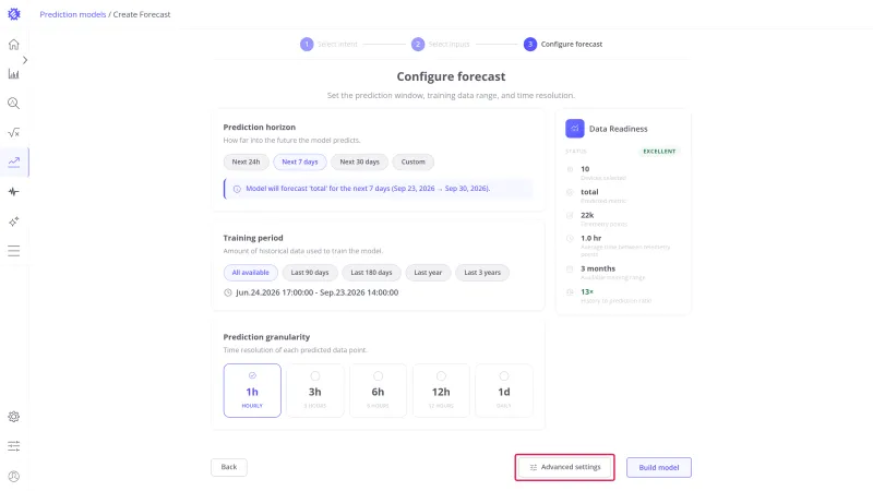 Configure forecast step with the Advanced settings button highlighted