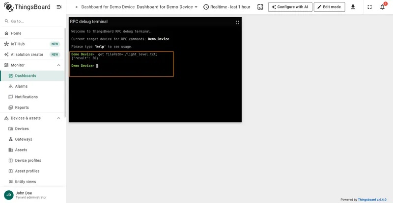 FTP GET RPC showing the file content read from the server
