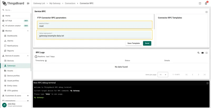 RPC terminal with read request parameters filled in