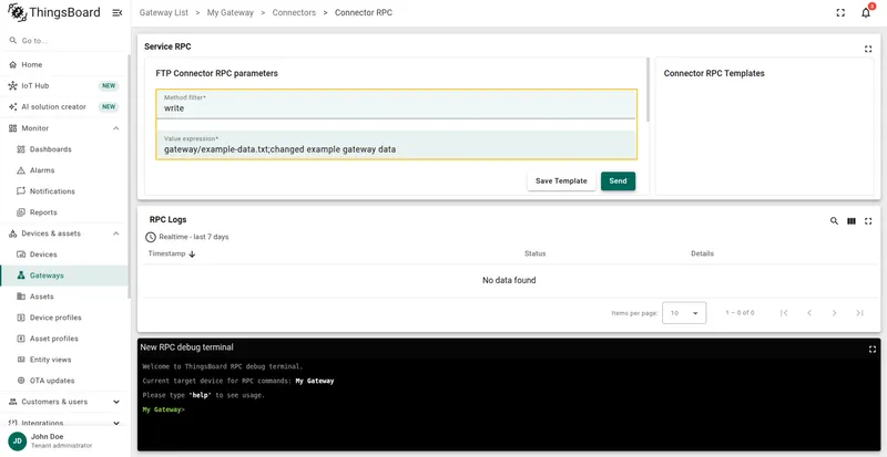 RPC terminal with write request parameters filled in
