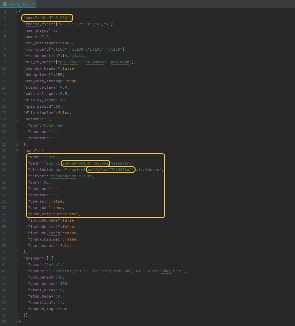 config.json with ThingsBoard push connection settings