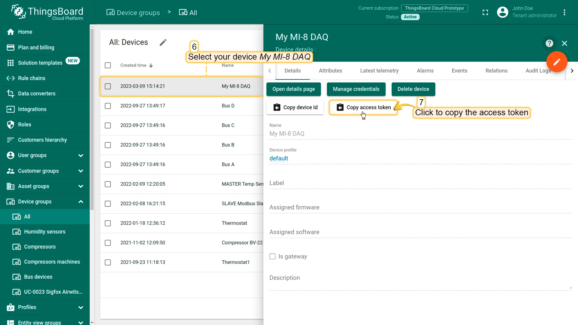 Copy the auto-generated access token from device details