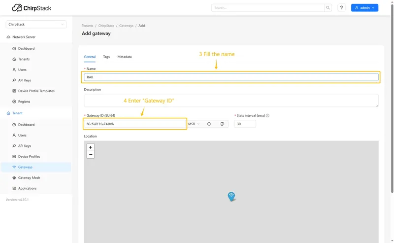 Fill **name**, **Gateway ID** (It will be different, you can find it on the gateway control panel) with your data, scroll down and click on the "**Submit**" button.