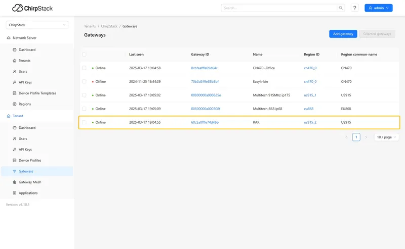 The gateway is added. In gateways tab you can see its status.