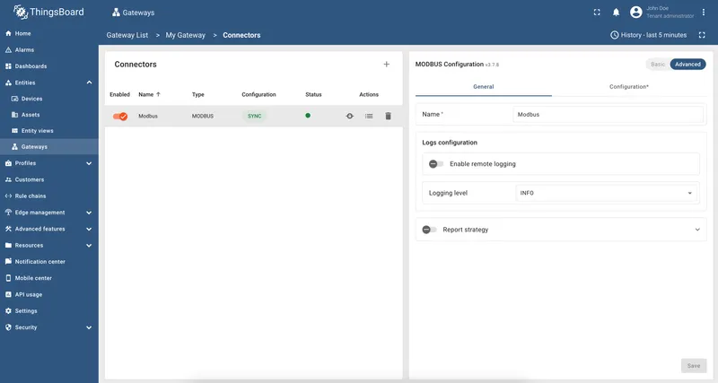 Connectors configuration page with connector list and configuration form