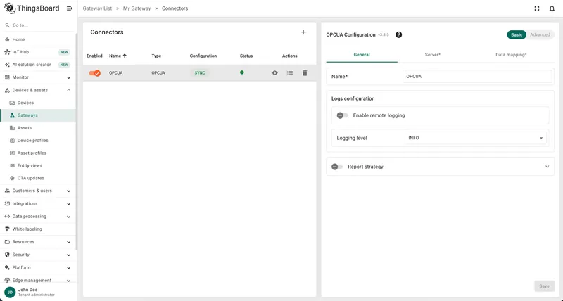 Connectors configuration page with connector list and configuration form