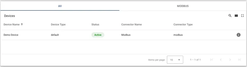 Devices table listing connected devices with their type, status, and connector