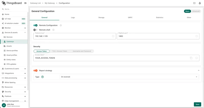 General tab showing remote configuration, security, and report strategy settings