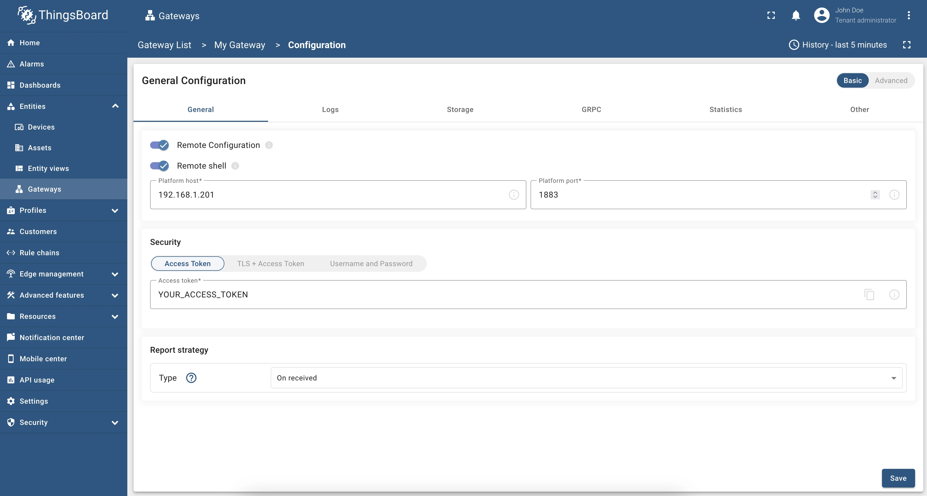 General tab showing remote configuration, security, and report strategy settings