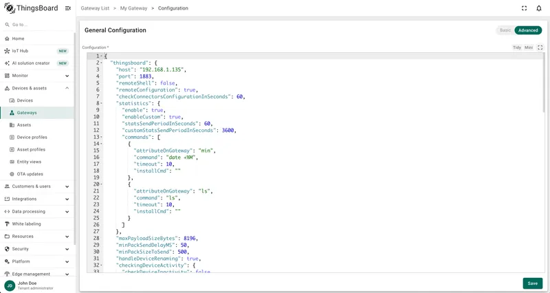 Advanced configuration mode showing the gateway JSON config editor